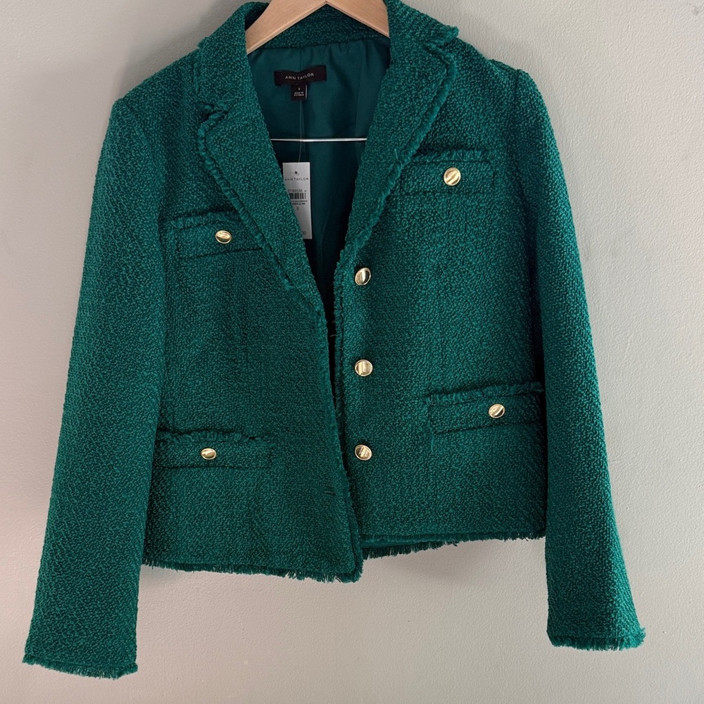 Ann Taylor Emerald Green Tweed Blazer with Gold Buttons